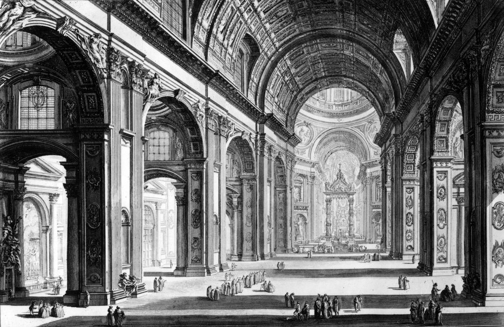 ローマ景観」シリーズより、サン・ピエトロ大聖堂内部の眺め、1760年頃